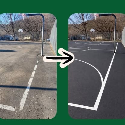 Before and after of a basketball court repainted with crisp white lines