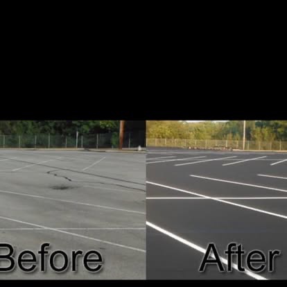 Before and after of a parking lot freshly sealcoated and striped